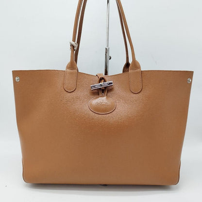 Longchamp Hand Bag Tote Purse Leather Brown Beige Authentic