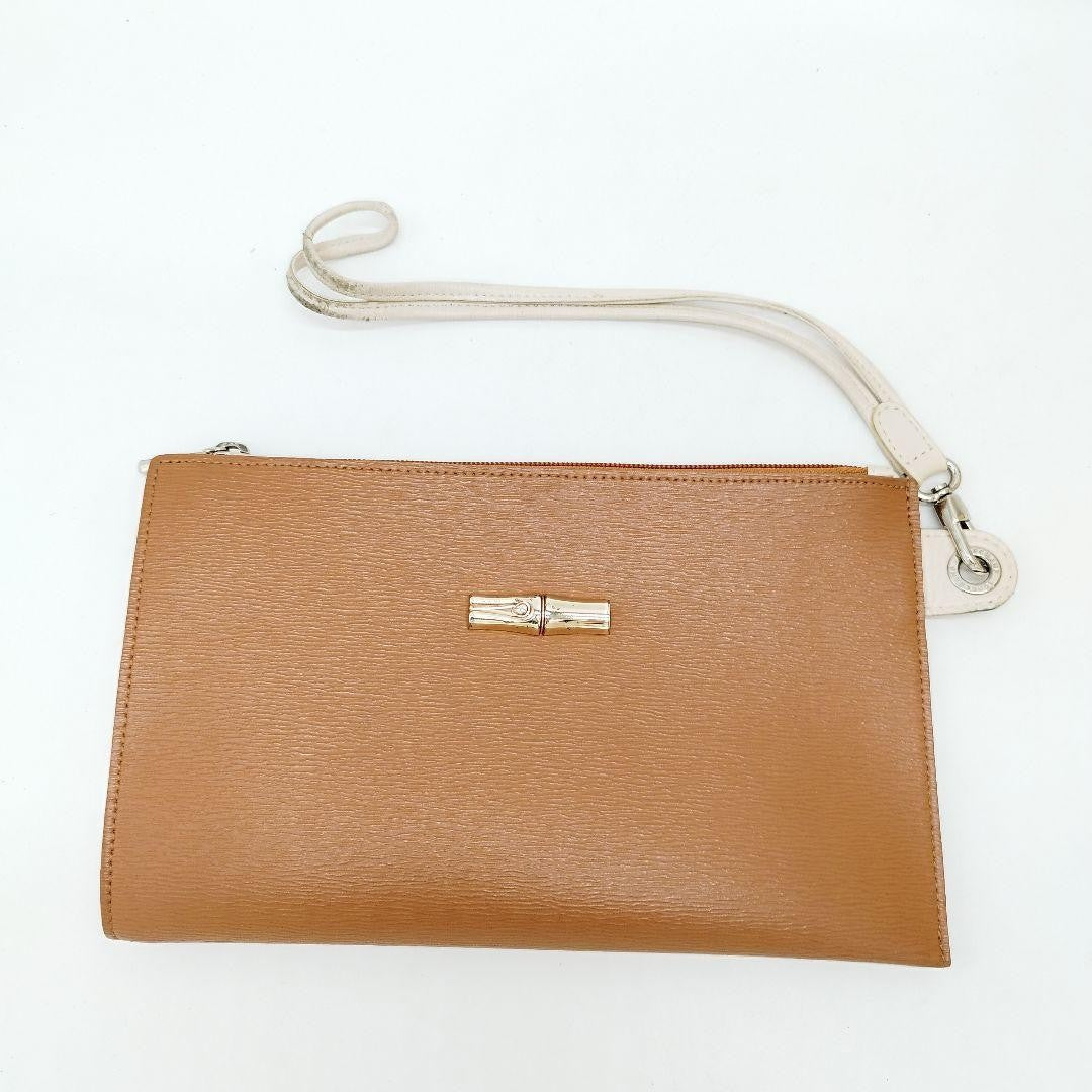 Longchamp Hand Bag Tote Purse Leather Brown Beige Authentic