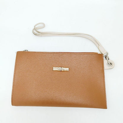 Longchamp Hand Bag Tote Purse Leather Brown Beige Authentic