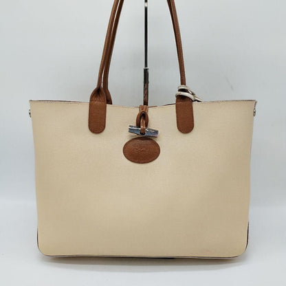Longchamp Hand Bag Tote Purse Leather Brown Beige Authentic