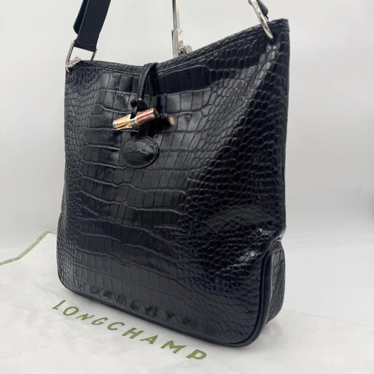 Longchamp Shoulder Bag Purse Leather Black Authentic