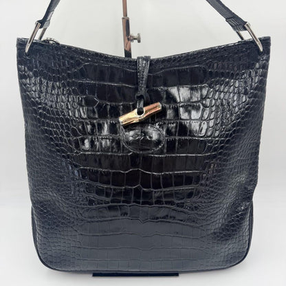 Longchamp Shoulder Bag Purse Leather Black Authentic