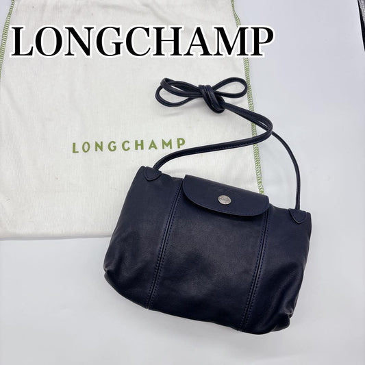 Longchamp Shoulder Bag Purse Le Pliage Leather Navy Authentic