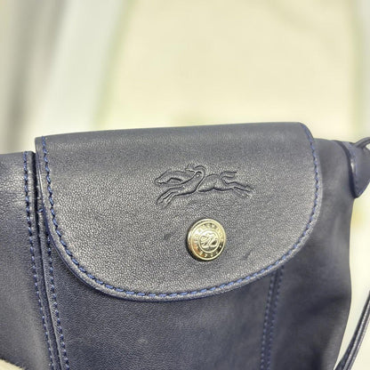 Longchamp Shoulder Bag Purse Le Pliage Leather Navy Authentic