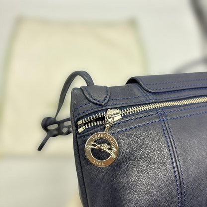 Longchamp Shoulder Bag Purse Le Pliage Leather Navy Authentic
