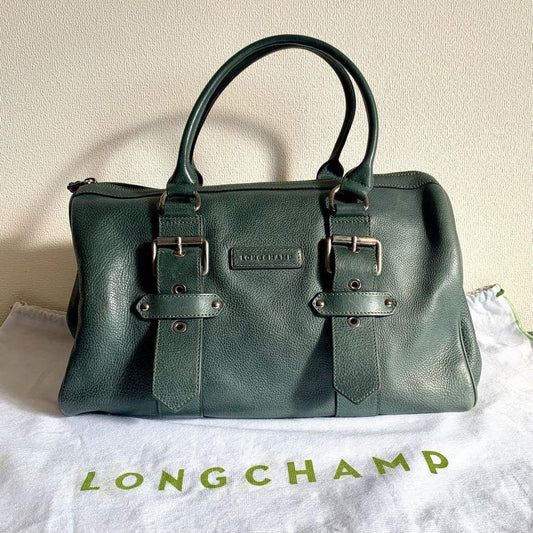 Longchamp Hand Bag Tote Purse Leather Dark Green Authentic