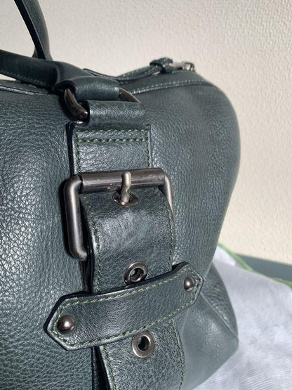 Longchamp Hand Bag Tote Purse Leather Dark Green Authentic