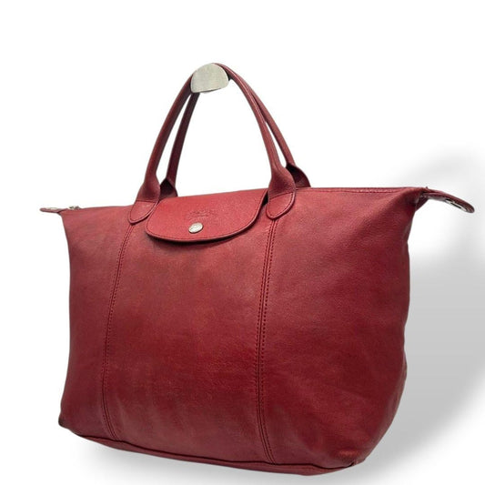 Longchamp Hand Bag Tote Purse Le Pliage Leather Red Authentic