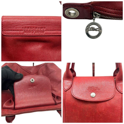 Longchamp Hand Bag Tote Purse Le Pliage Leather Red Authentic