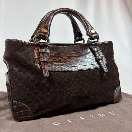 CELINE Hand Bag Tote Purse Boogie Macadam Leather Suede Brown Authentic