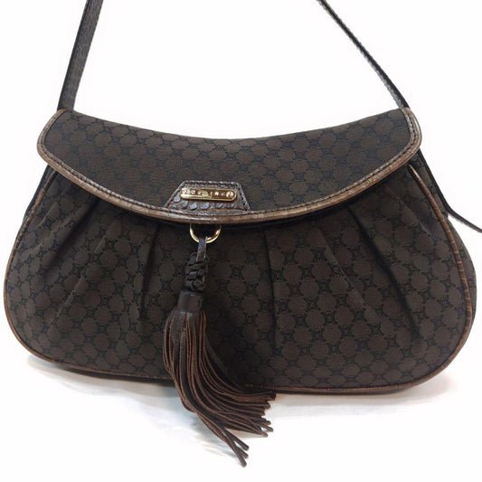 CELINE Shoulder Bag Purse Macadam Leather Canvas Brown Authentic