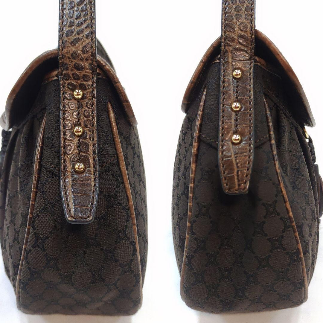 CELINE Shoulder Bag Purse Macadam Leather Canvas Brown Authentic