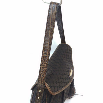 CELINE Shoulder Bag Purse Macadam Leather Canvas Brown Authentic