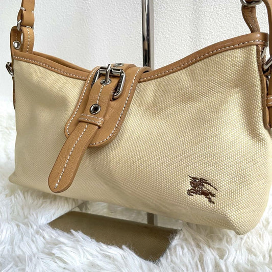 BURBERRY Shoulder Bag Purse Canvas Leather Camel Beige Authentic