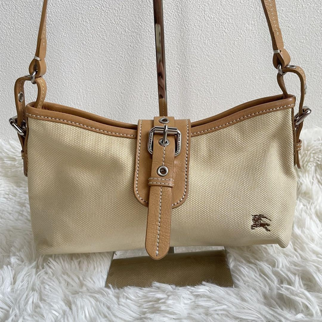 BURBERRY Shoulder Bag Purse Canvas Leather Camel Beige Authentic