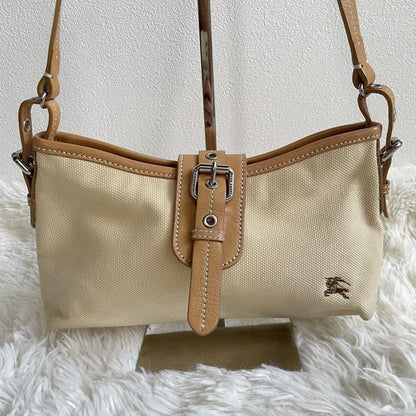 BURBERRY Shoulder Bag Purse Canvas Leather Camel Beige Authentic