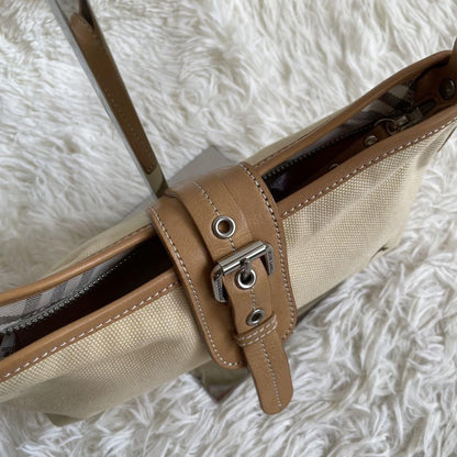 BURBERRY Shoulder Bag Purse Canvas Leather Camel Beige Authentic
