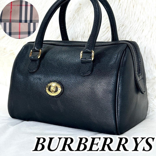 BURBERRY Mini Boston Bag Hand Bag Tote Purse Nova Check Leather Black Authentic