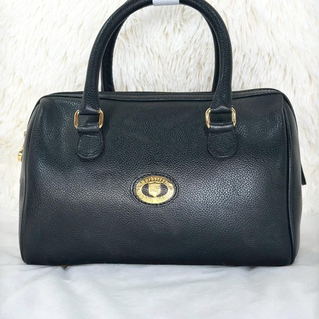 BURBERRY Mini Boston Bag Hand Bag Tote Purse Nova Check Leather Black Authentic