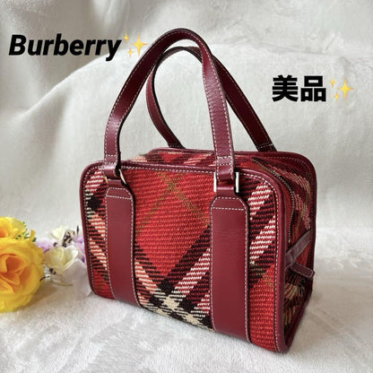 BURBERRY BLUE LABEL Hand Bag Tote Purse Nova Check Canvas Leather Red Authentic