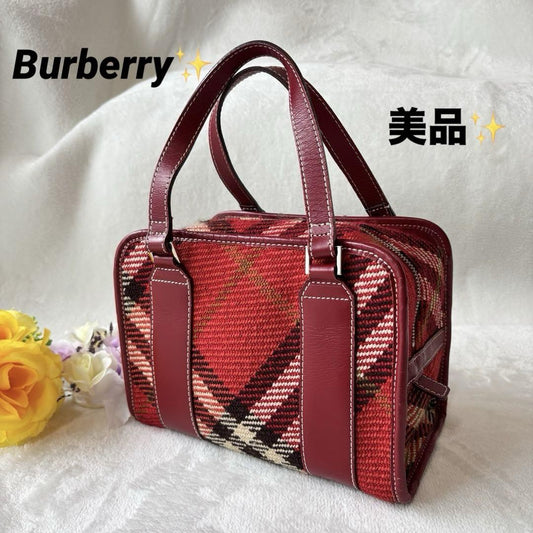 BURBERRY BLUE LABEL Hand Bag Tote Purse Nova Check Canvas Leather Red Authentic