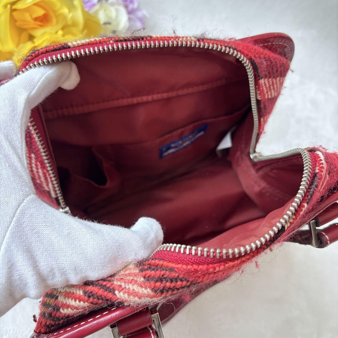 BURBERRY BLUE LABEL Hand Bag Tote Purse Nova Check Canvas Leather Red Authentic