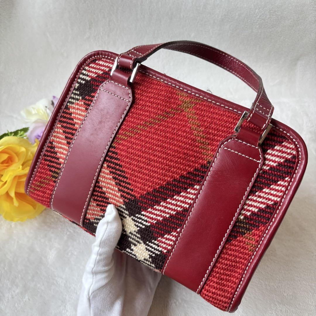 BURBERRY BLUE LABEL Hand Bag Tote Purse Nova Check Canvas Leather Red Authentic