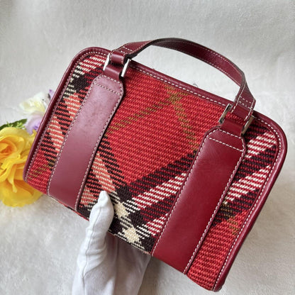 BURBERRY BLUE LABEL Hand Bag Tote Purse Nova Check Canvas Leather Red Authentic