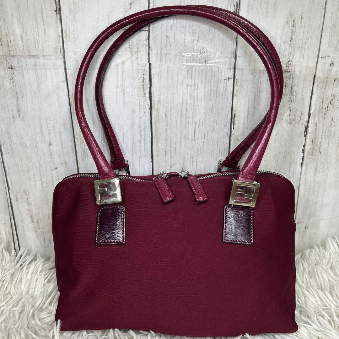 FENDI Hand Bag Tote Purse FF Baguette Leather Red Bordeaux Authentic