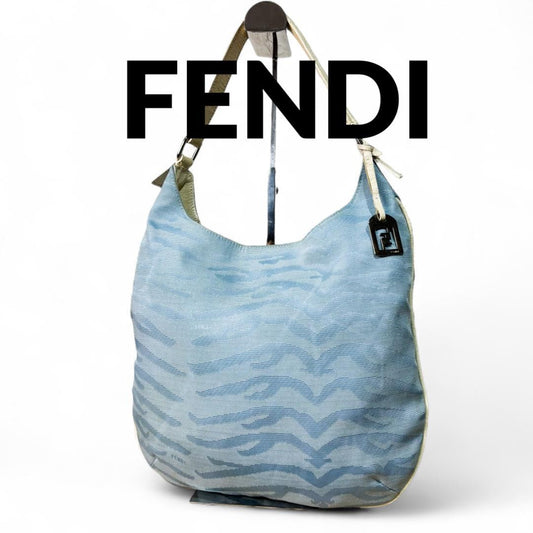 FENDI Shoulder Bag Purse Canvas Leather Light Blue Authentic