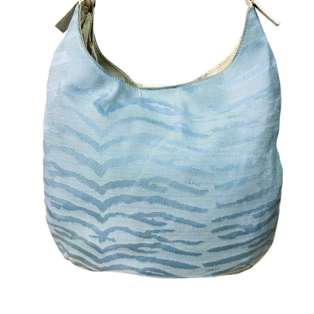 FENDI Shoulder Bag Purse Canvas Leather Light Blue Authentic