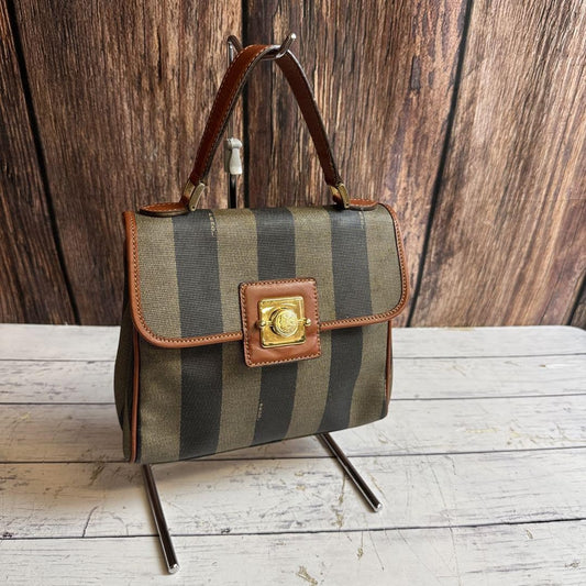 FENDI Hand Bag Tote Purse Pecan PVC Leather Brown Khaki Black Authentic