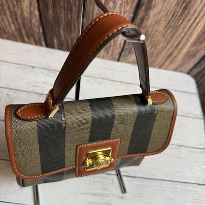 FENDI Hand Bag Tote Purse Pecan PVC Leather Brown Khaki Black Authentic