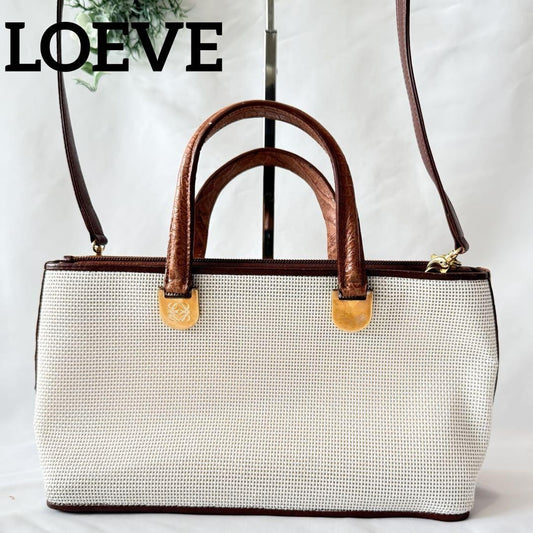 LOEWE Hand Bag Tote Purse 2way Anagram Beige Authentic