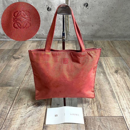 LOEWE Hand Bag Tote Purse Anagram Leather Canvas Red Orange Authentic