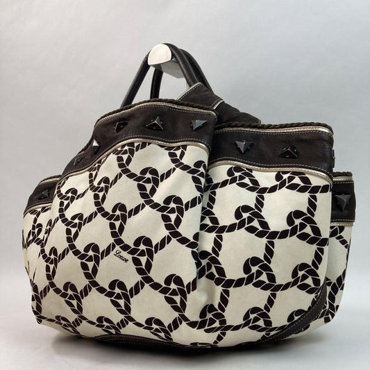LOEWE Hand Bag Tote Purse Aire Canvas Leather Brown Off White Authentic