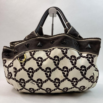 LOEWE Hand Bag Tote Purse Aire Canvas Leather Brown Off White Authentic