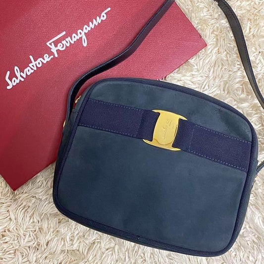 Salvatore Ferragamo shoulder bag Purse VARA RIBBON Dark Navy Nubuck Leather