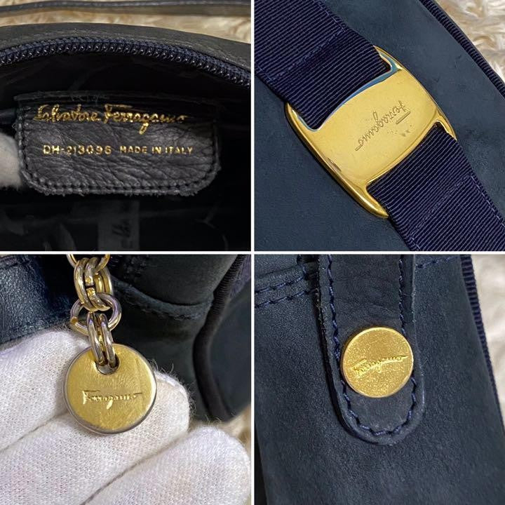 Salvatore Ferragamo shoulder bag Purse VARA RIBBON Dark Navy Nubuck Leather