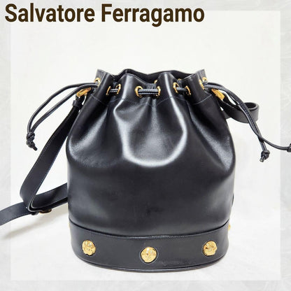 Salvatore Ferragamo shoulder bag Purse Navy Authentic Leather Drawstring type