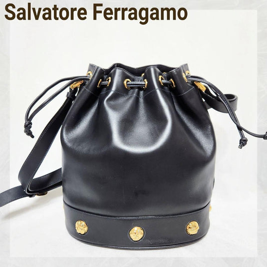 Salvatore Ferragamo shoulder bag Purse Navy Authentic Leather Drawstring type