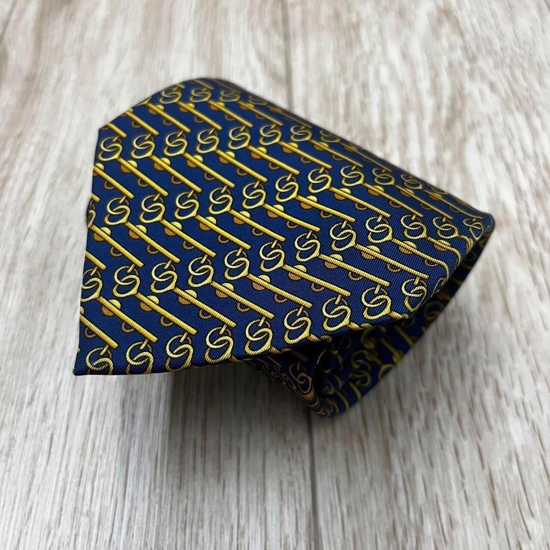 GUCCI Necktie Tie All over chain pattern Navy 100% Silk Geometric Made in Italy