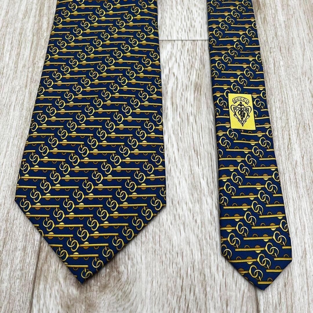 GUCCI Necktie Tie All over chain pattern Navy 100% Silk Geometric Made in Italy
