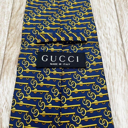GUCCI Necktie Tie All over chain pattern Navy 100% Silk Geometric Made in Italy