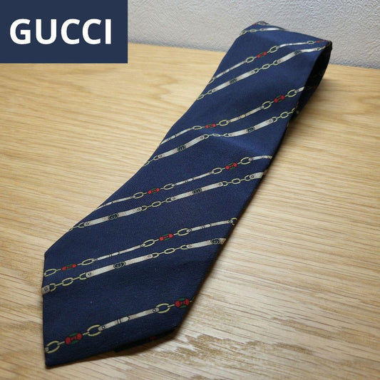 GUCCI Necktie Tie Regimental chain All over Striped pattern Navy 100% Silk Used