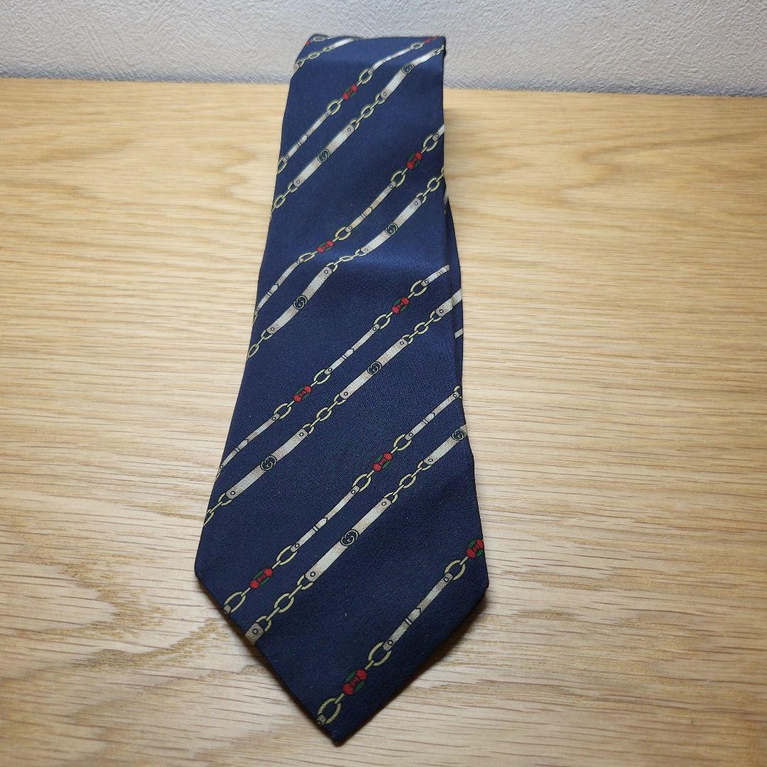 GUCCI Necktie Tie Regimental chain All over Striped pattern Navy 100% Silk Used