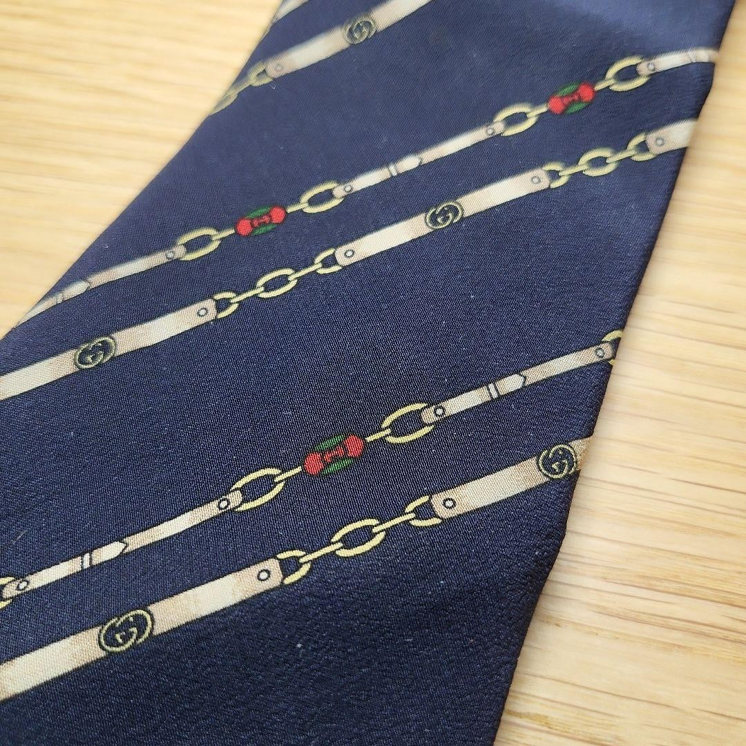 GUCCI Necktie Tie Regimental chain All over Striped pattern Navy 100% Silk Used