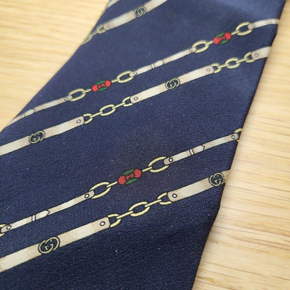GUCCI Necktie Tie Regimental chain All over Striped pattern Navy 100% Silk Used