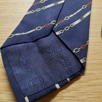 GUCCI Necktie Tie Regimental chain All over Striped pattern Navy 100% Silk Used