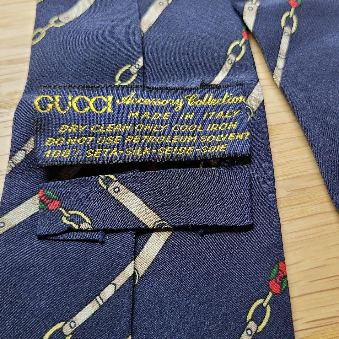 GUCCI Necktie Tie Regimental chain All over Striped pattern Navy 100% Silk Used